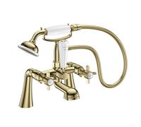 VeeBath Ripple Traditional Telephone Bath Shower Mixer Tap with Kit - Brushed Brass Finish, Dual Lever Control, G3/4" Inlet, Bath Sink Tap with Shower Attachment, Victorian Style Bathroom Tap