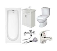 VeeBath Rosina 1500mm Bath, Modern Toilet, Vanity Sink Unit, Shower & Basin Mixer Taps High Gloss White Bathroom Suite