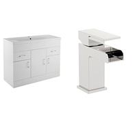 VeeBath Sobek 1000 Vanity Unit with Basin and Waterfall Mixer Tap, Floor Standing Cabinet Rectangular Ceramic Wash Basin for Bathroom Furniture with 3 Doors and 2 Drawers- Gloss White (Flat Pack)