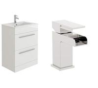 VeeBath Sphinx High Gloss White 600mm Minimalist Vanity Sink Unit with Waterfall Designer Chrome Basin Mixer Tap + Waste (Flat Pack)