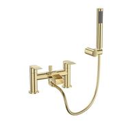 VeeBath Stream Round Waterfall Bath Shower Mixer Tap - Brushed Brass Finish Double Lever, Deck Mounted Bathroom Tap, Includes Round Showerhead & Kit, Modern Bath Mixer Tap with G3/4" BSP Inlet