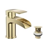 VeeBath Stream Round Waterfall Mono Basin Mixer Tap - Brushed Brass Finish, Single Lever, Modern Sink Tap with Waste, Deck Mounted Bathroom Tap, Contemporary Design for Bathroom Basins
