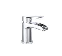 VeeBath Stream Round Waterfall Mono Basin Mixer Tap - Chrome Finish, Single Lever, Modern Sink Tap with Waste, Deck Mounted Bathroom Tap, Contemporary Design for Bathroom Basins