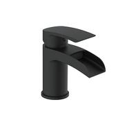 VeeBath Stream Round Waterfall Mono Basin Mixer Tap - Matt Black Finish, Single Lever, Modern Sink Tap with Waste, Deck Mounted Bathroom Tap, Contemporary Design for Bathroom Basins