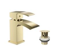 VeeBath Tidal Mono Basin Mixer Tap with Waste - Brushed Brass Finish, Squared Edge Single Lever, Modern Deck Mounted Bathroom Tap, Contemporary Bathroom Mixer Taps for Basins