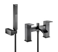 VeeBath Tidal Square Bath Shower Mixer Tap with Kit - Matt Black Finish, Dual Lever, Modern Bath Tap with Square Showerhead, Deck Mounted, Contemporary Design for Bathroom Taps