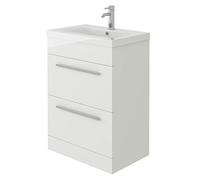 VeeBath Venus 600 Vanity Unit, Mid Edge Wash Basin Bathroom Sink, Soft Close Drawer, Cloakroom Wall Mounted Storage Cabinet- White (Flat Pack)