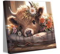 VeeFeng Cute Highland Cow Baby Canvas Wall Art Rustic Farmhouse Daisy Print Wall Decor Picture Amiable Baby Calf Poster Home Decoration Aesthetics forAny Scene Such As Bedroom and Living nursery Room