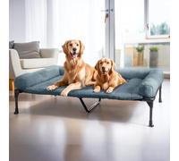 Veehoo Cooling Elevated Dog Bed with Fluffy Plush Bolster Cushion, Indoor Raised Dog Beds for Large Dogs, Soft Pet Sofa Cot with Removable Washable Mat, No-Slip Feet, 59 x 37 inches, Haze Blue