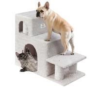 Veehoo Dog Steps for Bed Sofa, 3 Steps for Small Dogs to Get on the Bed with Condo Cave, Stable Pet Ramp Ladder with Fluffy Surface for Older Cats, Load up to 45 kg, Light Grey