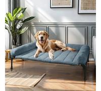 Veehoo Elevated Dog Bed with Removable Bolster - Fluffy Raised Pet Cot with Cushion, No-Slip Feet for Indoor Outdoor Use, Haze Blue 107 x 76 x 18 cm