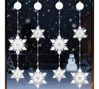 VEEKAY Set of 4 LED Christmas Lights, 8 x LED Snowflakes Christmas Elements +, Cold White Light Curtain with Suction Cups, Timer, Battery Operated, for Christmas Decoration