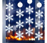 VEEKAY Set of 4 LED Christmas Lights, Christmas Lights, 12 x LED Snowflakes Christmas Elements, Cold White Light Curtain with Suction Cups, Timer, Battery Operated, for Christmas Decoration