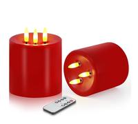 VEEKI Large 3 Wick Flameless Candles, 4"x4" Flickering Flameless Candles with Remote & Timer, Dimmable Real Wax LED Candles Battery Operated, Electric Pillar Candles for Home Xmas Decor (Red 2PC)