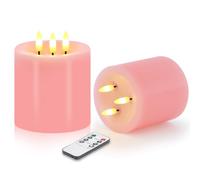 VEEKI Large 3 Wick Flameless Candles, 4"x4" Flickering Flameless Candles with Remote & Timer, Dimmable Real Wax LED Candles Battery Operated, Electric Pillar Candles for Xmas Home Decor (Pink 2PC)