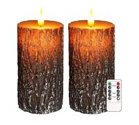 VEEKI LED Pillar Candles, Set of 2 6"x3" Pine Bark Flickering Battery Operated with Remote & Timer, Dimmable, Real Wax Electric Candles for Home Decor