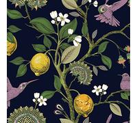 VEELIKE Dark Blue Bird Flower Wallpaper Tropical Leaf Contact Paper Lemon Floral Sticky Back Plastic Jungle Wall Mural Vinyl Wrap for Furniture Sticker Lining Paper for Walls Livingroom 44.5cm×300cm