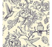 VEELIKE Peony and Bird Wallpaper 44.5cm×900cm Vintage Beige Floral Wallpaper Leaves Tropical Wall Mural Flower Contact Paper Peel and Stick Vinyl Cabinet Cover Worktop Bedroom Bathroom Removable
