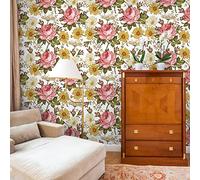 VEELIKE Peony Chamomile Floral Wallpaper Peel and Stick Vintage Floral Wallpaper Mural for Bathroom Bedroom Nursery 44.5 cm x 300 cm Self Adhesive Removable Floral Contact Paper for Walls Cabinets