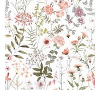 VEELIKE Vintage Peach Pink Floral Wallpaper 44.5 cm × 900 cm Green Leaf Wallpaper Self Adhesive Patterned Wildflowers Pink Botanical Wall Paper for Nursery Girls Bedroom Walls Cabinets Removable