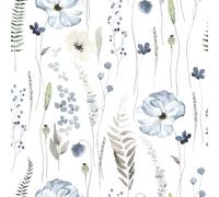 VEELIKE Watercolor Blue Floral Wallpaper Boho Fern Botanical Peel and Stick White Leaf Contact Paper for Furniture Bedroom Bathroom Nursery 44.5cm x 300cm