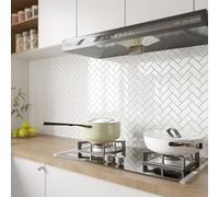 VEELIKE White Herringbone Wall Tiles Self Adhesive 3D Tile Stickers Bathroom 6 Pieces Stick on Tiles for Kitchen Peel and Stick Backsplash Laundry Room Waterproof Renter Friendly Decor 30.5cm × 30.5cm