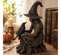 VEELU Halloween Witch With Raven Statue,Gothic Resin Figurine Home Decor | 15 x 20cm, Vintage Bronze Resin Gothic Witch Sculpture, Mysterious Home Decor Fireplace Mantel Shelf Tabletop
