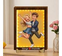 VEELU Personalised Cartoon 3D Photo Plaque with Night Light Custom Animation Style Portrait with Wooden Frame Family or Couple Wall Art Home Decoration Customised Funny Anniversary Birthday Gifts