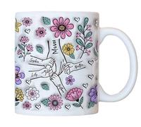 VEELU Personalised Holding Hands Flowers Mum Mug, 10oz Custom Mug with Mummy and Kids Name Mummy Tea Cup, Customised Mothers Day Presents Best Birthday Gifts for Mum Grandma Granny Family (Style 01)