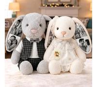 VEELU Personalised Photo Bunny Teddy Custom Picture Bunny Plush Hidden Ear Personalised Wedding Anniversary Birthday Gifts for Women Men Couple Friend 26cm/40cm