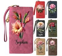 VEELU Personalised Wristlet Wallet for Women, Custom Wallet with Watercolor Birth Flower & Name, PU Leather Purses with Card Holder, Customised Anniversary Birthday Gift 18,4 x 9 cm, Casual