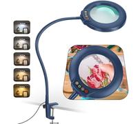 Veemagni 10X Real Glass Magnifying Glass with Light, 5 Color Modes Stepless Dimmable, 23" Flexible Gooseneck LED Desk Lamp with Clamp, Hands Free Lighted Magnifier with Stand for Crafts Reading-Blue