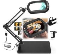 Veemagni 10X Rectangle Magnifying Glass with Light and Stand, 5 Color Modes Stepless Dimmable, 2-in-1 LED Lighted Desk Lamp & Clamp, Hands Free Magnifier for Reading Crafts Repair Painting Close Work