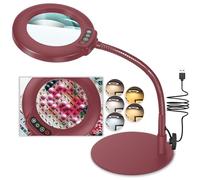 Veemagni 12X Magnifying Glass with Light and Stand, 5 Color Modes Stepless Dimmable LED Lighted Desk Lamp, Hands Free Flexible Gooseneck Magnifier with Light for Craft Hobby Painting Close Work, Red