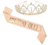 Veemoon 1 Set Rose Gold Birthday Crown and Shoulder Strap Set Hair Hoops and Etiquette Belt for Birthday Party Decorations Durable and Elegant Rhinestone Headband