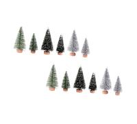 Veemoon 12pcs Christmas Tree Decorations Set, PVC Mini Pine Trees Snowflake and Silver Wood Base, 7-9cm Festival Ornaments for Xmas Party and Home Decor