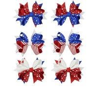 Veemoon 12pcs Independence Day Star Flag Pattern Ribbon Hairpins for Stainless Steel Material Assorted Color Hair Accessories Bowknot Clips Random Color