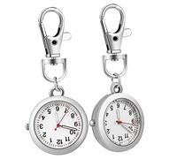 Veemoon 2 Pcs Nurse Watch Clip on Hanging Pendant Watches Quartz Movement Luminous Pointers Silver for Doctors and Nurses with Buckle Pendant Keychain