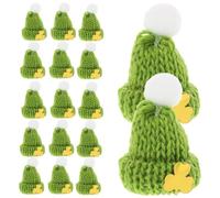 Veemoon 20pcs Mini St Patrick’s Day Hats for Crafts Small Irish Green Knit Party Accessories with White Pom Poms and Gold Leaf Embellishments, Miniature Holiday Headwear for Doll