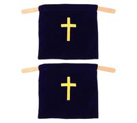 Veemoon 2pcs Blue Plush Church Offering Bags with Cross Embroidery, Wooden Handle Collection Baskets for Baptism, Christian Donations, Religious Communion Pouches, 17x10 Inch