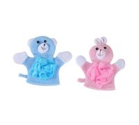 Veemoon 2pcs Cartoon Baby Bath Scrubber Set for Children, Soft Exfoliating Body Skin Scrubbing Tool with Bath Flower, Gentle Foam Cleansing Towels for Infant Bathing, Pink Rabbit and Blue Bear Design