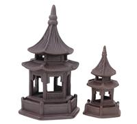 Veemoon 2pcs Ceramic Hexagonal Chinese Pagoda Mini Pavilions for Home and Tea Table, Classic Brown Micro Landscape Ornaments Realistic Zen Style Decorative Accents