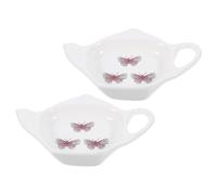 Veemoon 2Pcs Ceramic Tea Bag Holder Teapot Shape Tea Bag Coaster Set with Butterfly Pattern Heat Resistant Dipping Bowls for Afternoon and Kitchen Seasoning Dish