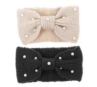 Veemoon 2pcs Knitted Bowknot Headbands for Women Pearl Embellished Wool Hair Bands Soft Warm Stretchy Hair Accessories Comfortable for Daily Wear and Gift Giving
