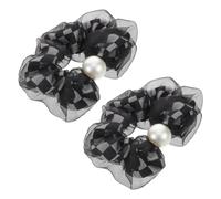 Veemoon 2pcs Large Checkered Mesh Hair Ties with Pearl Accents for Women Thick Elastic Hair Bands Comfortable for Quick Styling for Women