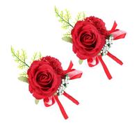 Veemoon 2pcs Red Artificial Wedding Flower Corsage, Simulated Silk Fabric Bridal Boutonniere Brooch for Groom and Bride, Wedding Decoration and Photographic Prop
