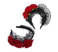 Veemoon 2pcs Red Rose Headband with Lace Artificial Floral Hairband for Halloween Party Costume and Photoshoots Comfortable Soft Material Versatile Accessory for Women