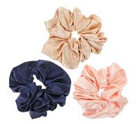 Veemoon 3 pcs Large Scrunchies for Women Elastic Bands in Khaki Pink Navy Smooth Decorative Ponytail Holders for Medium to Long Hair Suitable for Sports Yoga Parties and Daily Wear