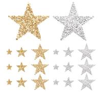 Veemoon 30Pcs Glitter Star Patches with Hotfix Adhesive Polyester Pentagram Appliques for DIY Clothing Bags Hats Shoes Repair and Decoration Silver Gold