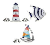 Veemoon 3pcs Navy Style Metal Brooch Set - Tropical Fish, Sailboat, Lighthouse Alloy Pins for Jackets, Backpacks, Dresses and Hats - Cartoon Nautical Jewelry Accessories for Women
